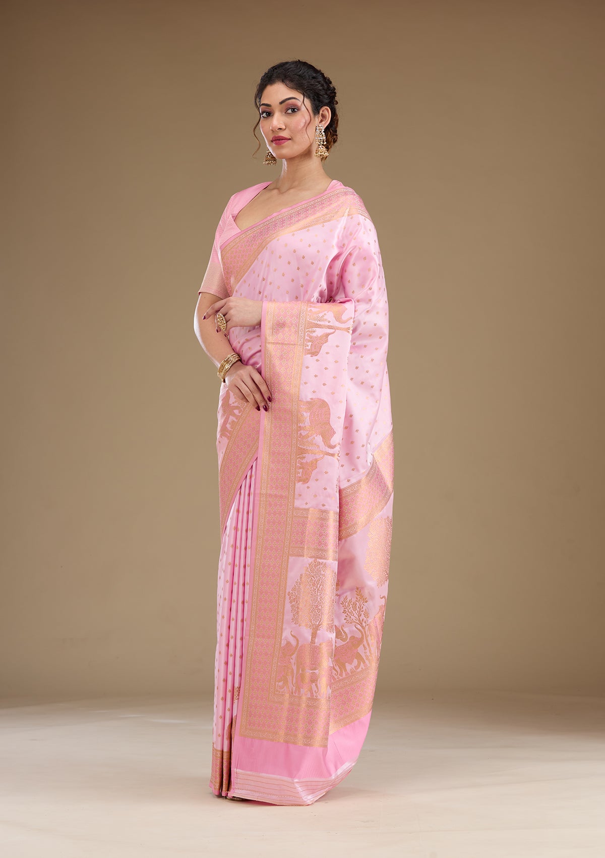 Baby Pink Zariwork Satin Saree