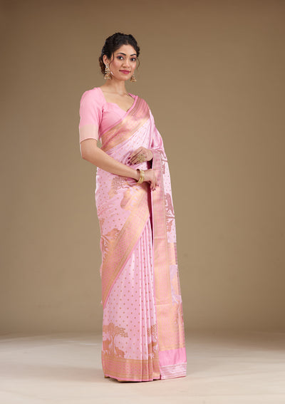 Baby Pink Zariwork Satin Saree