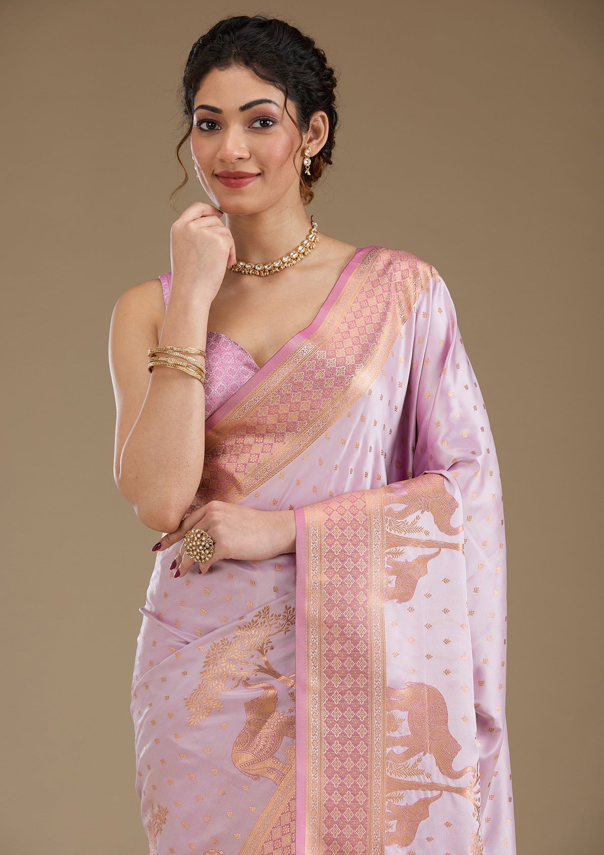 Lavender Zariwork Satin Saree-Koskii