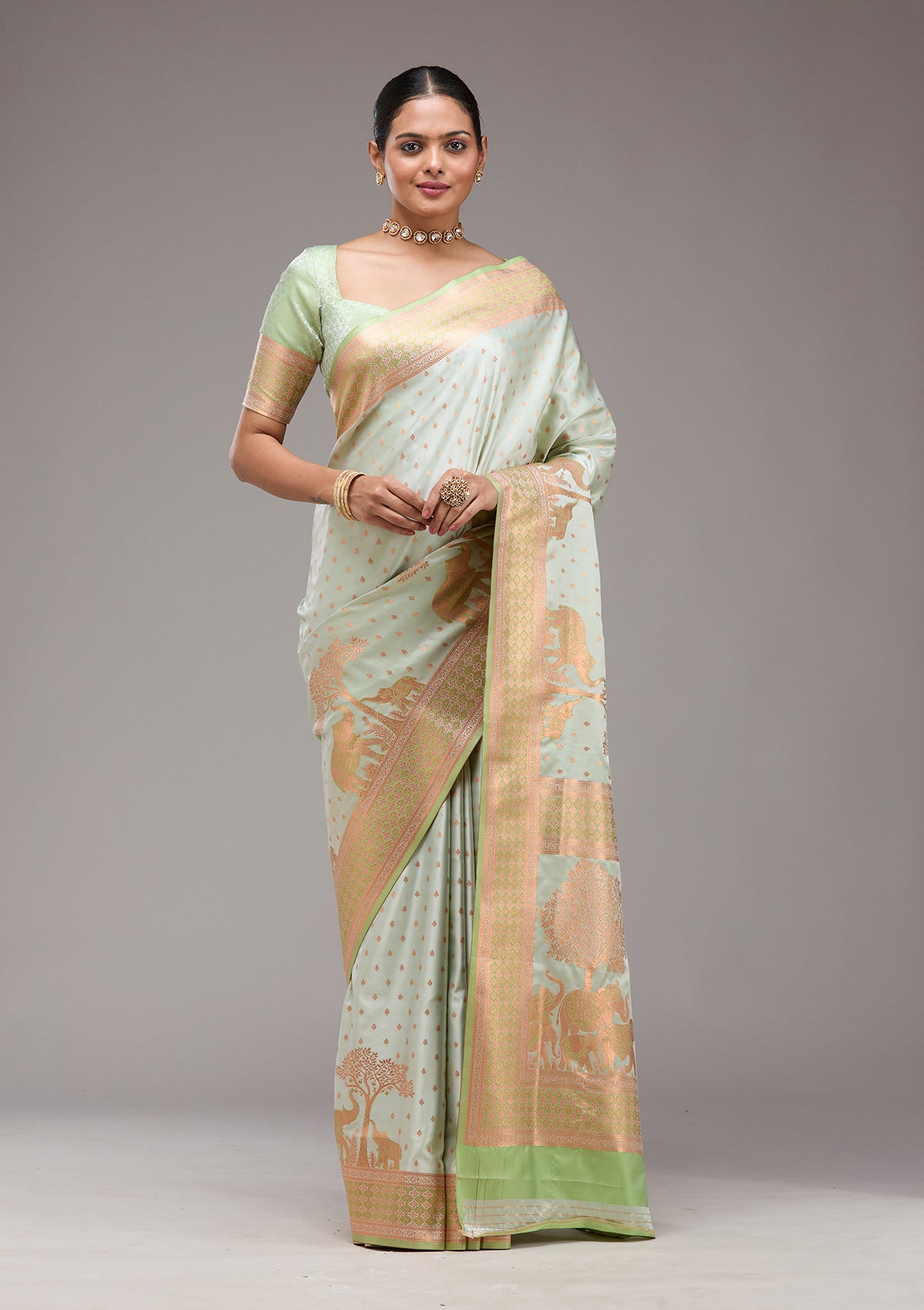 Pista Green Zariwork Satin Saree