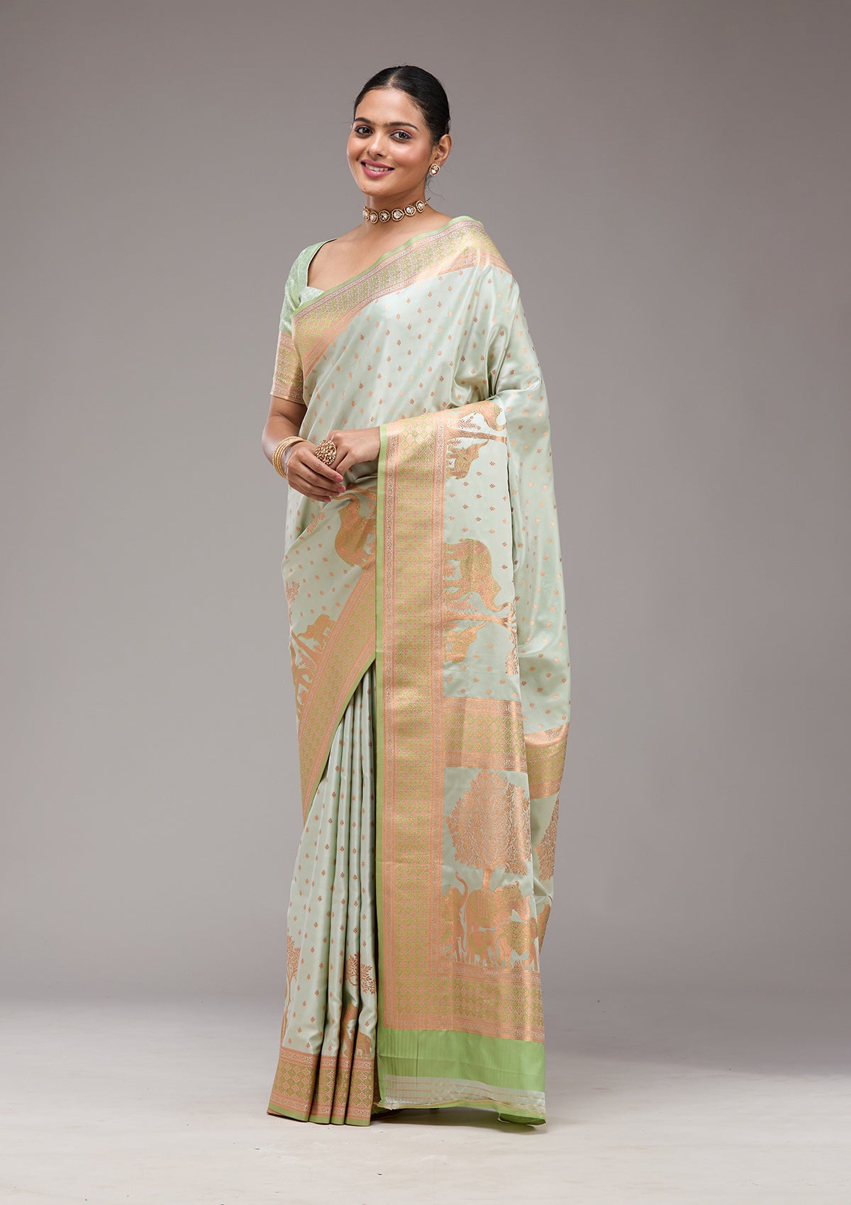 Pista Green Zariwork Satin Saree