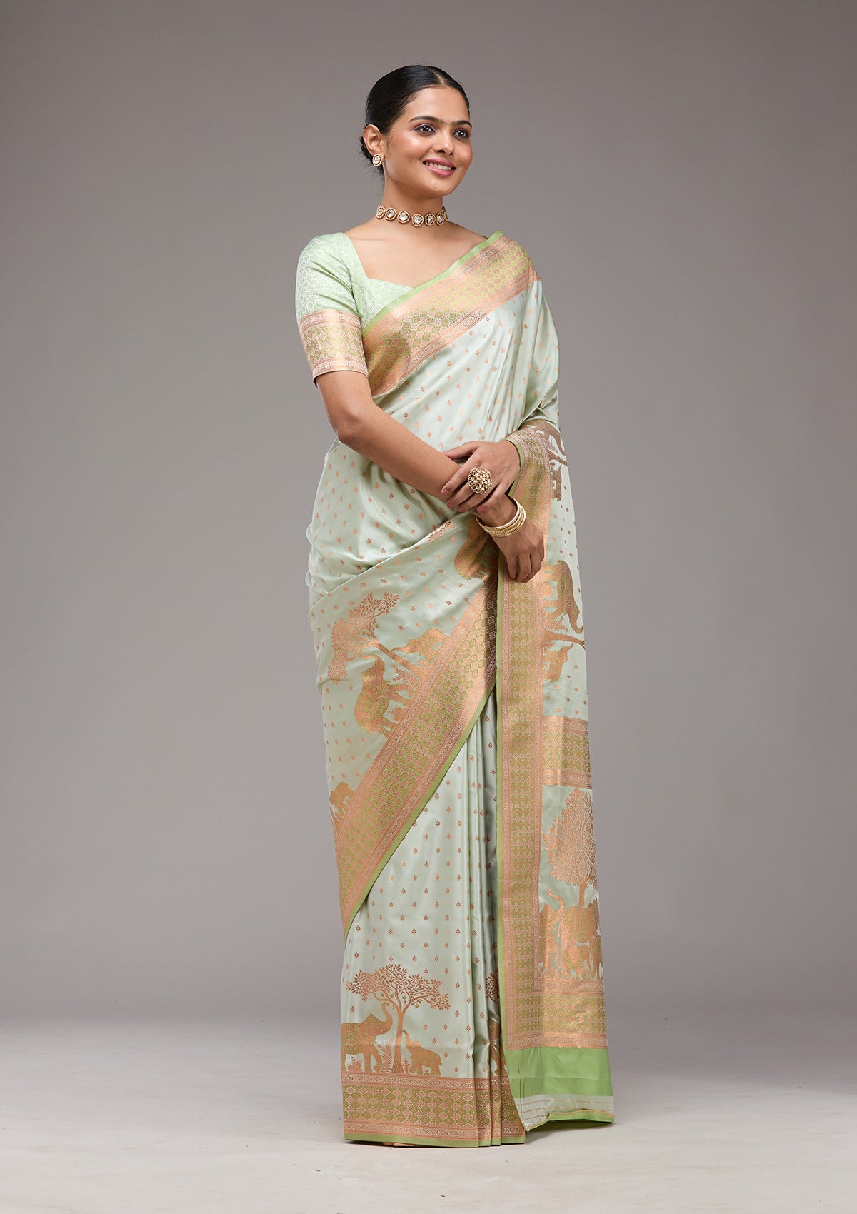 Pista Green Zariwork Satin Saree