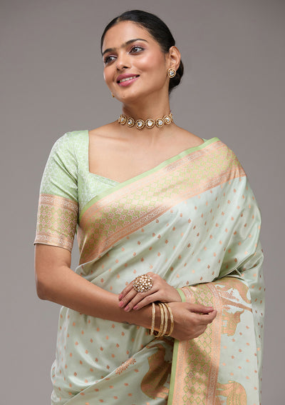 Pista Green Zariwork Satin Saree