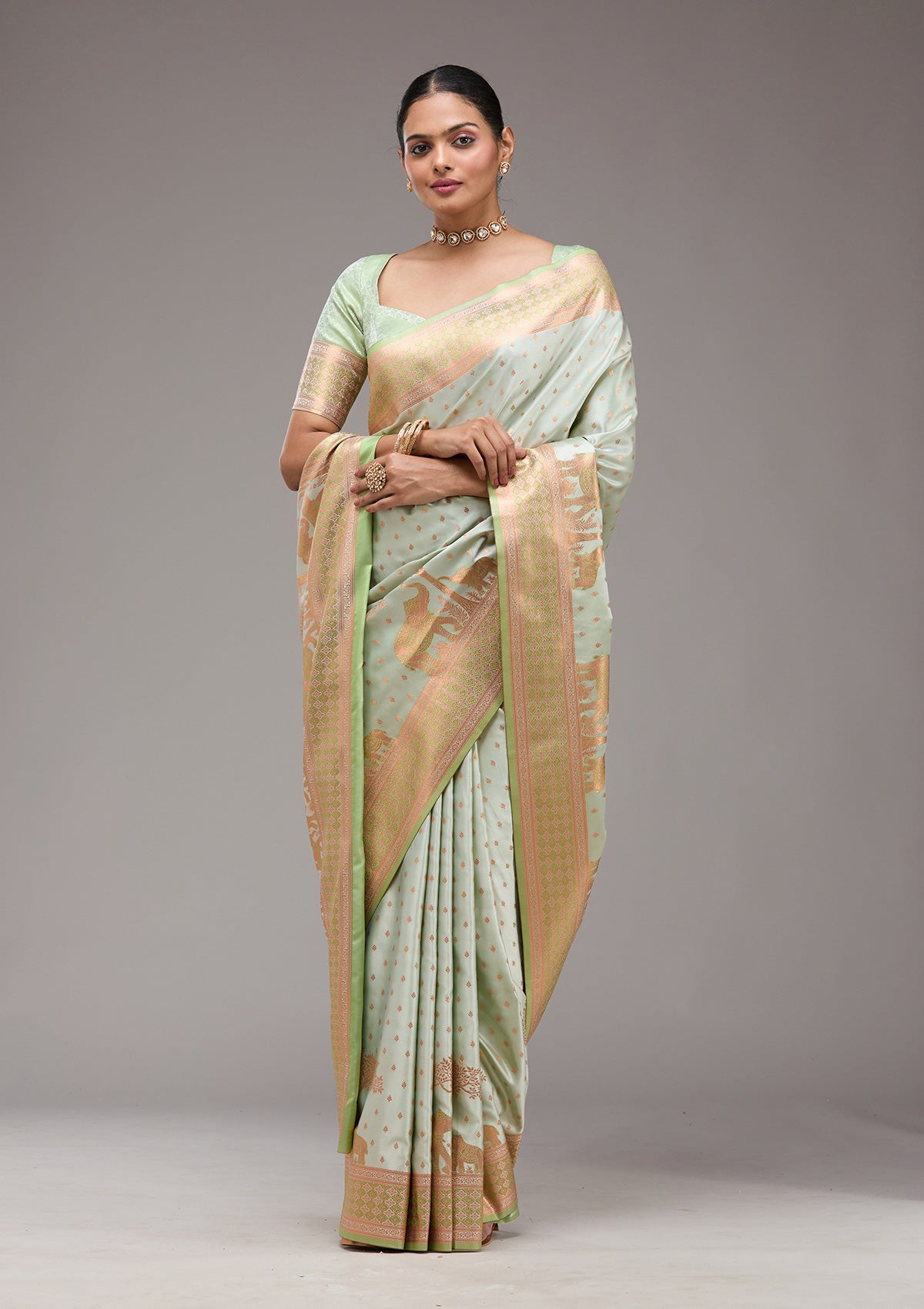 Pista Green Zariwork Satin Saree