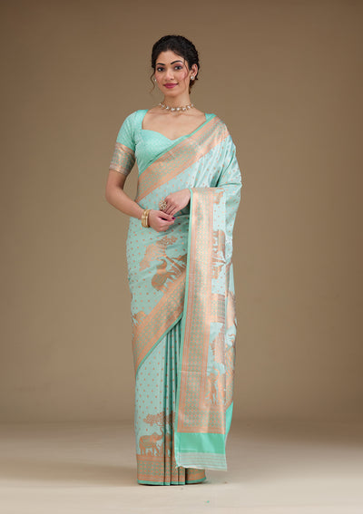 Turquoise Blue Zariwork Satin Saree