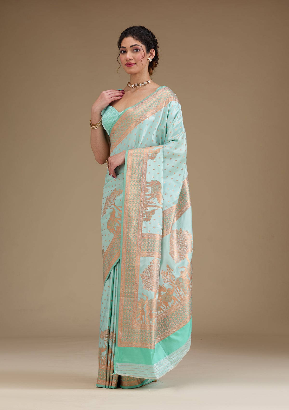 Turquoise Blue Zariwork Satin Saree