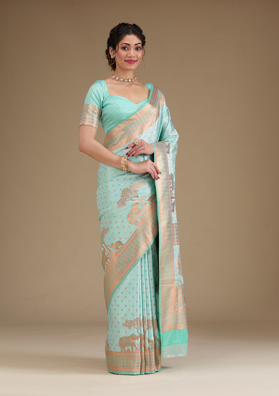 Turquoise Blue Zariwork Satin Saree