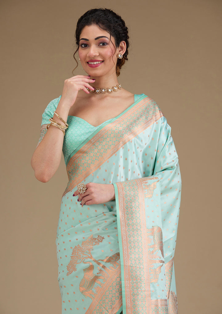 Turquoise Blue Zariwork Satin Saree