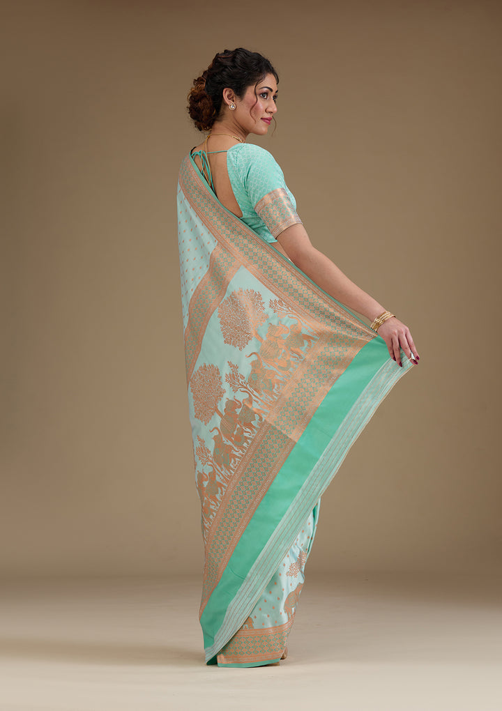 Turquoise Blue Zariwork Satin Saree