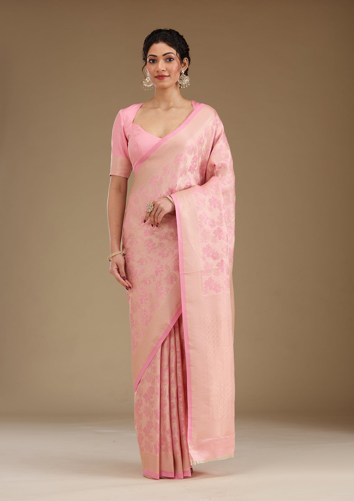 Baby Pink Zariwork Satin Saree