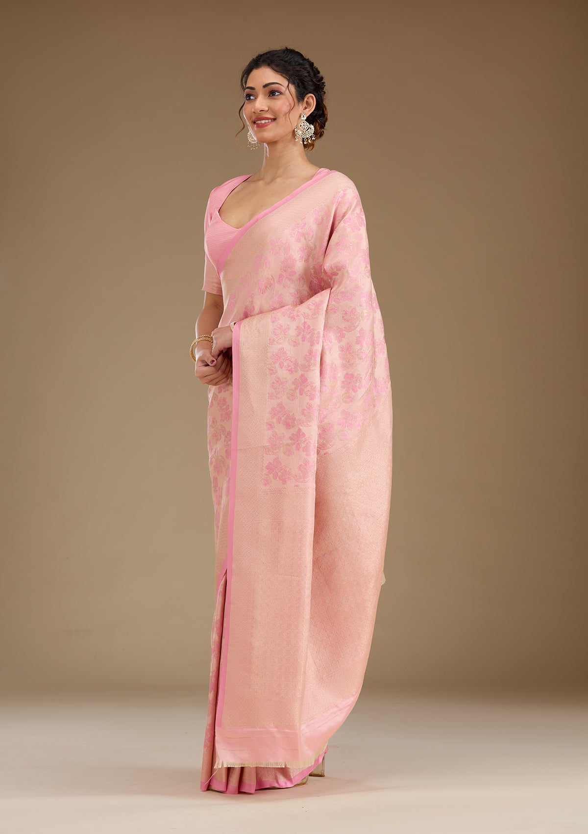 Baby Pink Zariwork Satin Saree