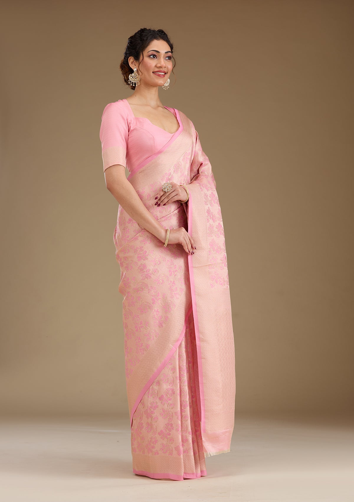 Baby Pink Zariwork Satin Saree