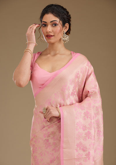 Baby Pink Zariwork Satin Saree