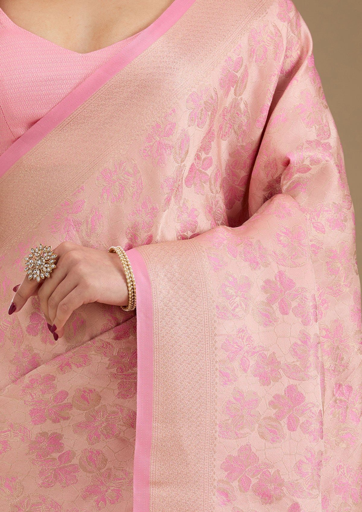 Baby Pink Zariwork Satin Saree