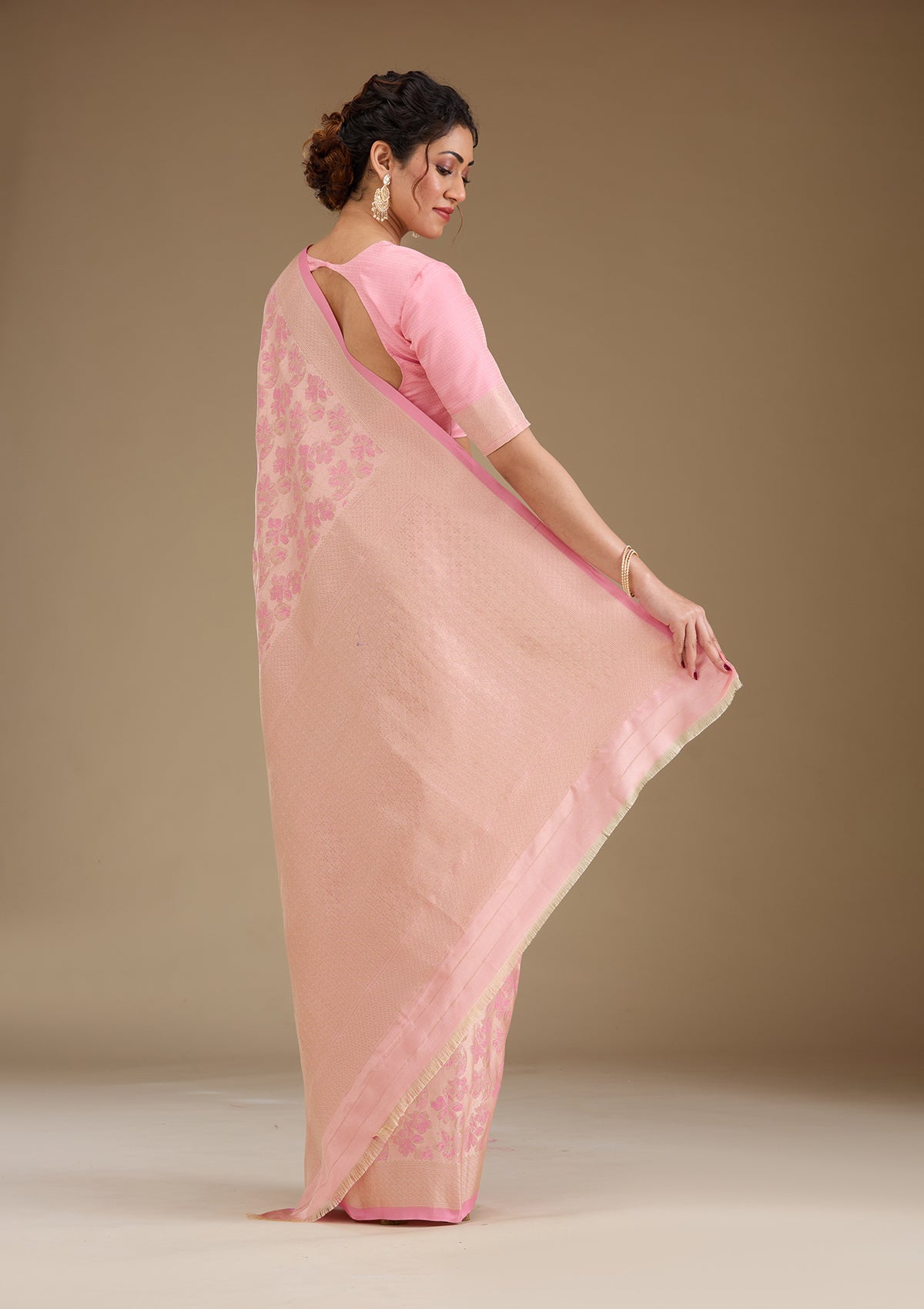 Baby Pink Zariwork Satin Saree