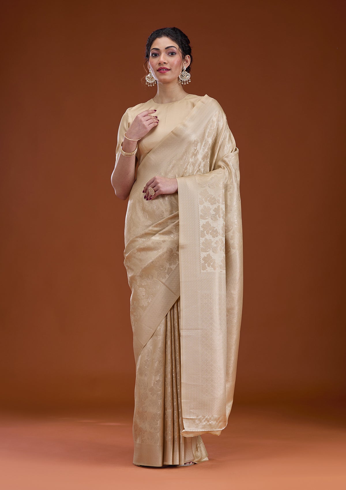 Beige Zariwork Satin Saree