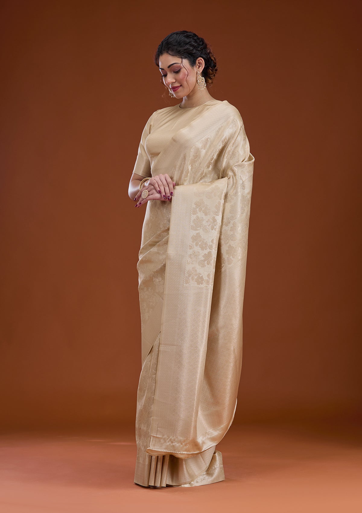 Beige Zariwork Satin Saree