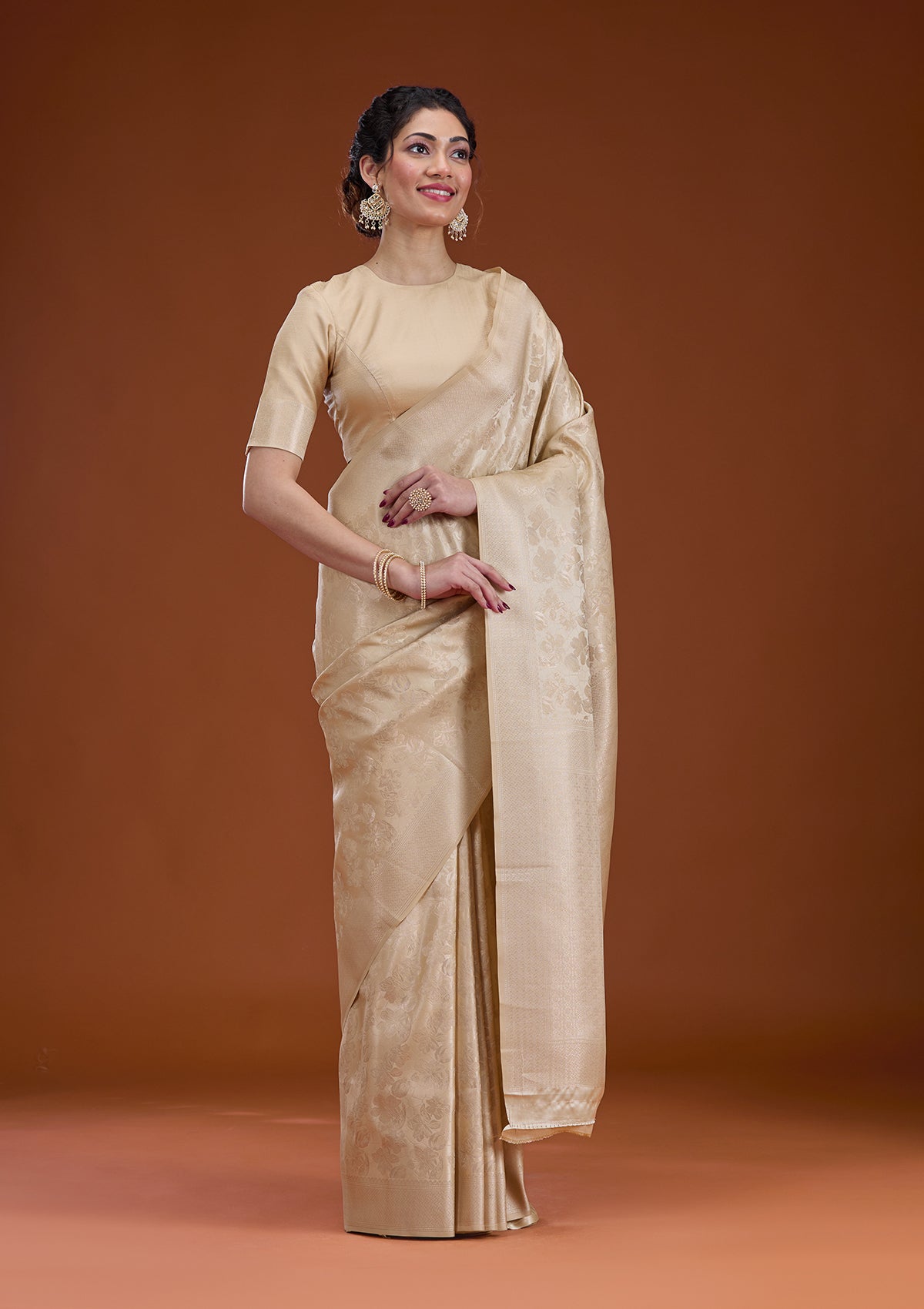 Beige Zariwork Satin Saree