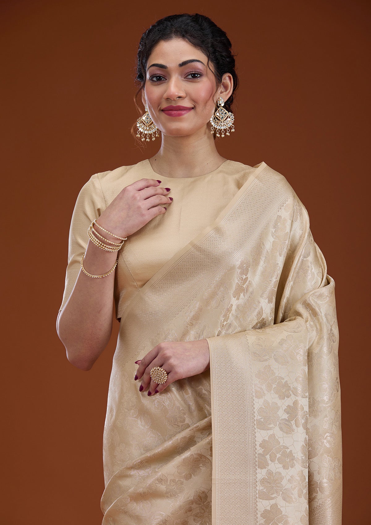 Beige Zariwork Satin Saree