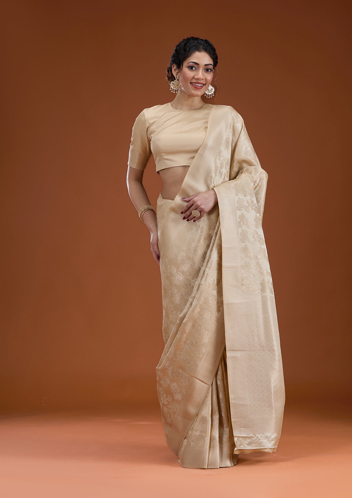 Beige Zariwork Satin Saree