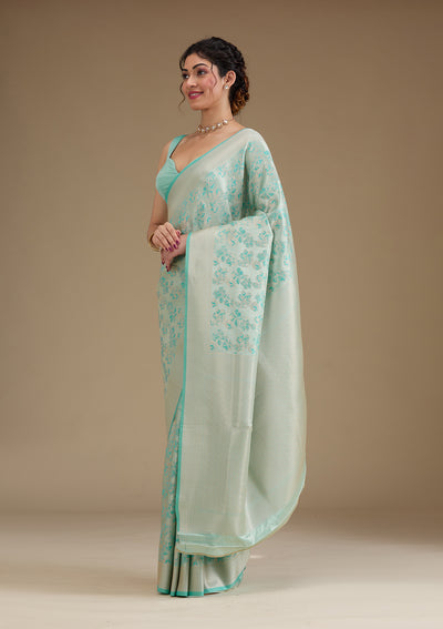 Turquoise Blue Zariwork Satin Saree