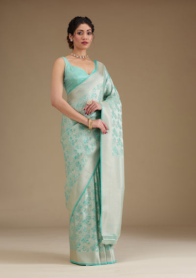 Turquoise Blue Zariwork Satin Saree