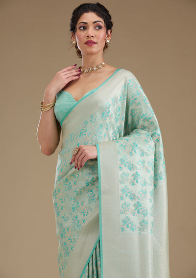 Turquoise Blue Zariwork Satin Saree