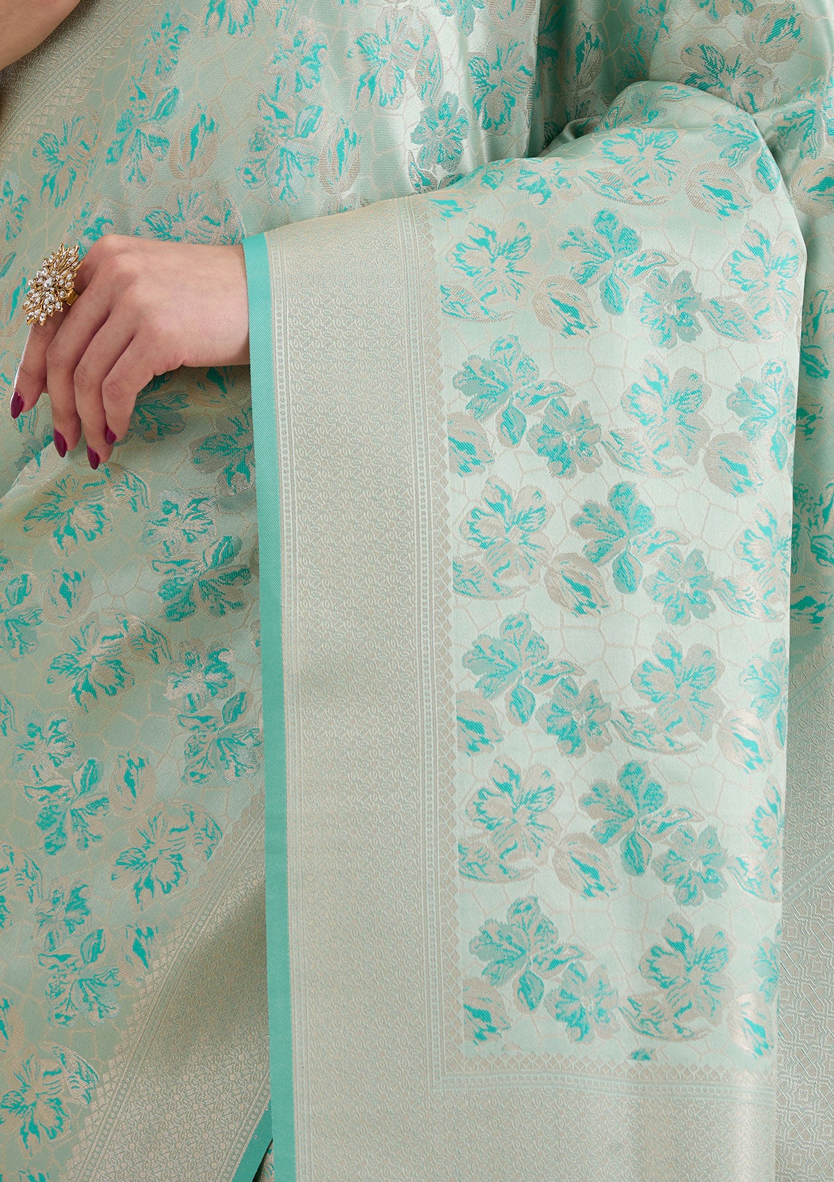 Turquoise Blue Zariwork Satin Saree