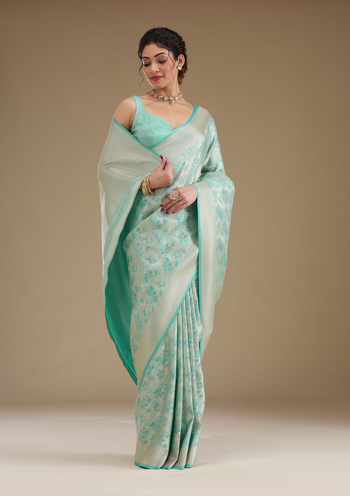 Turquoise Blue Zariwork Satin Saree