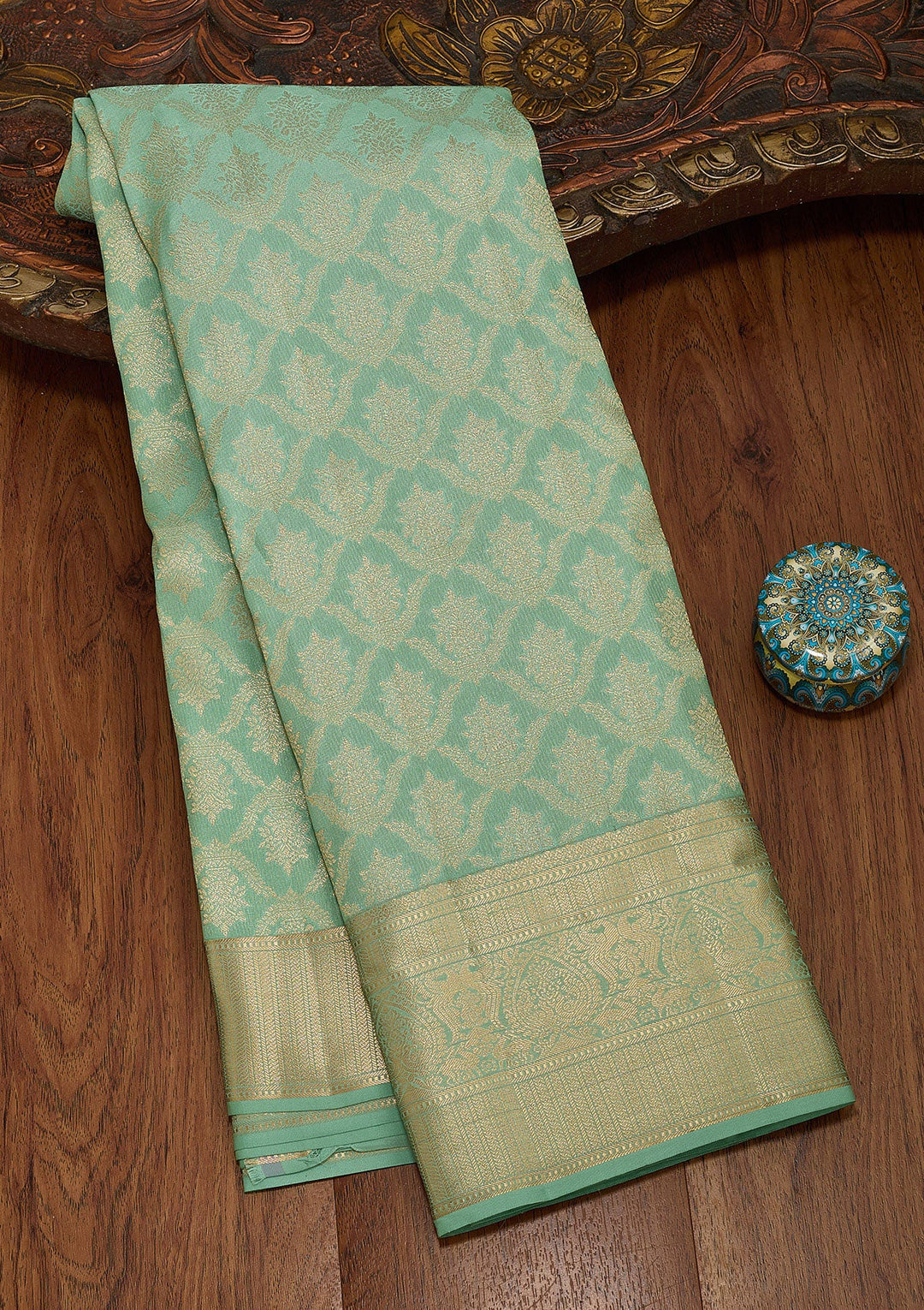 Sea Green Zariwork Pure Silk Saree-koskii