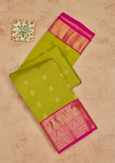 Parrot Green Zariwork Pure Silk Saree-Koskii