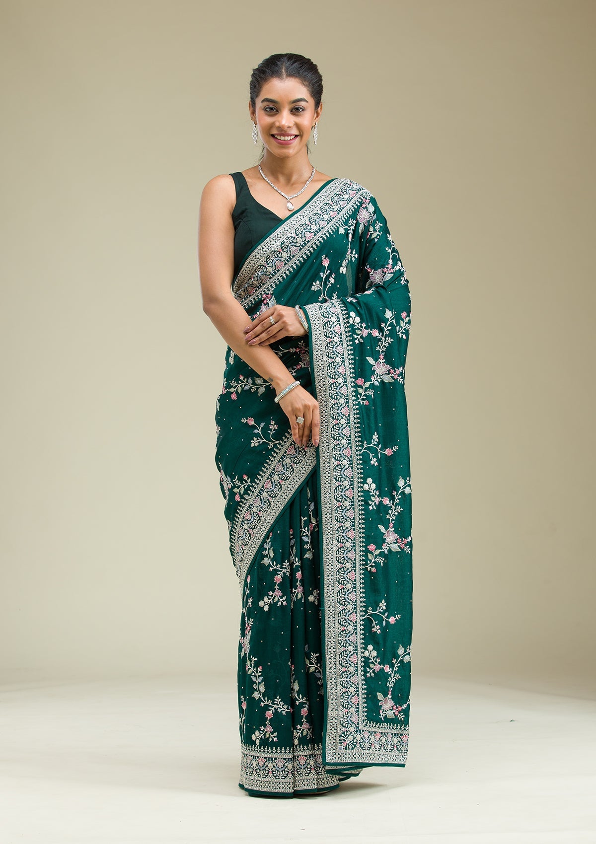 Bottle Green Threadwork Silk Saree-Koskii