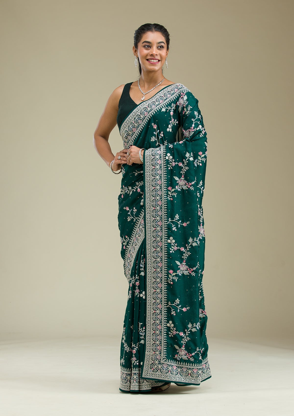 Bottle Green Threadwork Silk Saree-Koskii