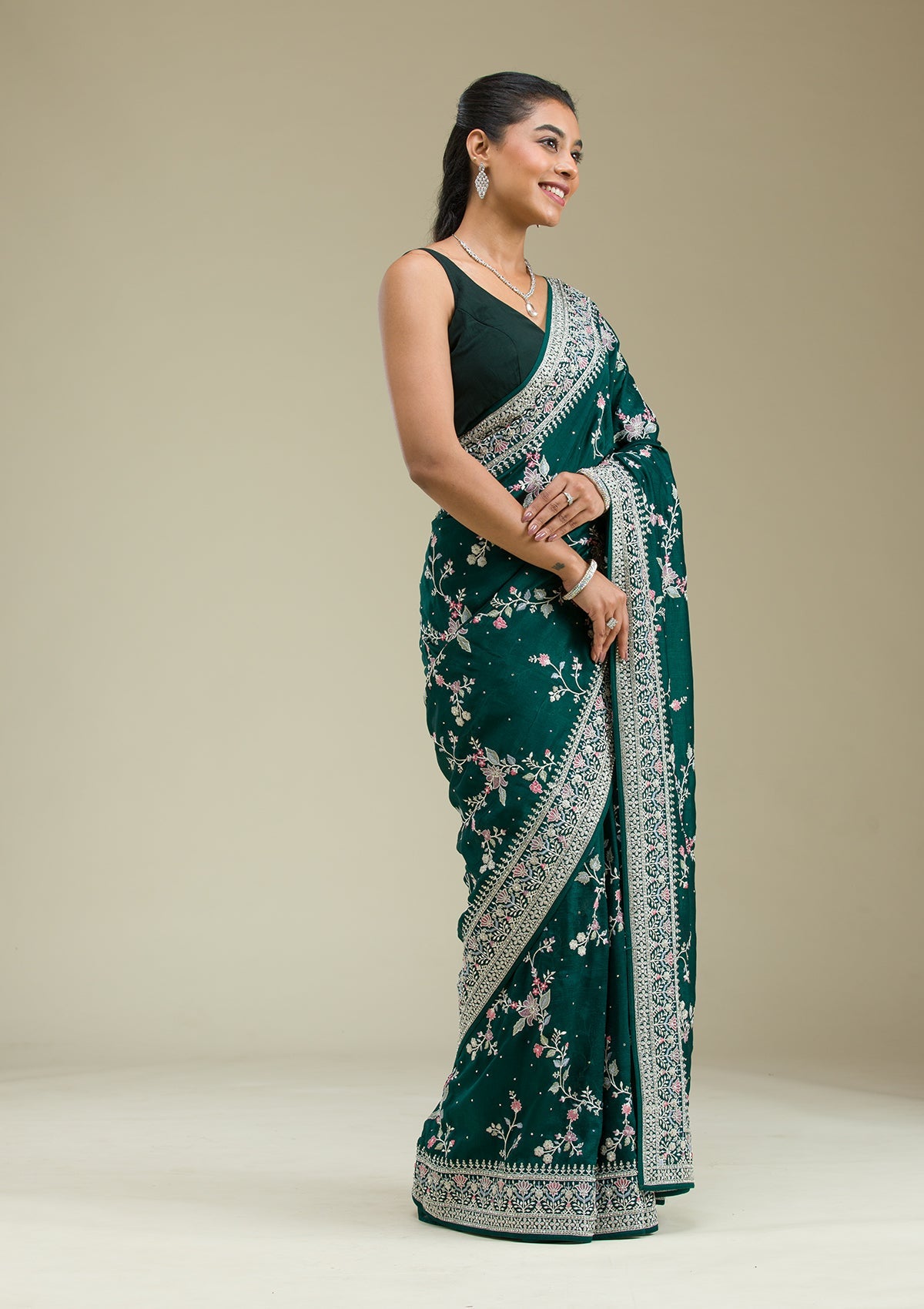 Bottle Green Threadwork Silk Saree-Koskii