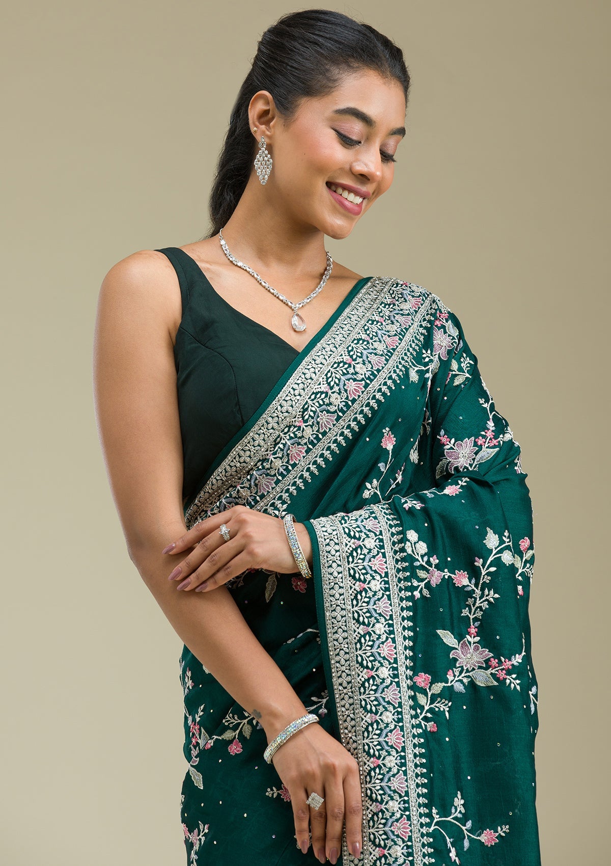 Bottle Green Threadwork Silk Saree-Koskii