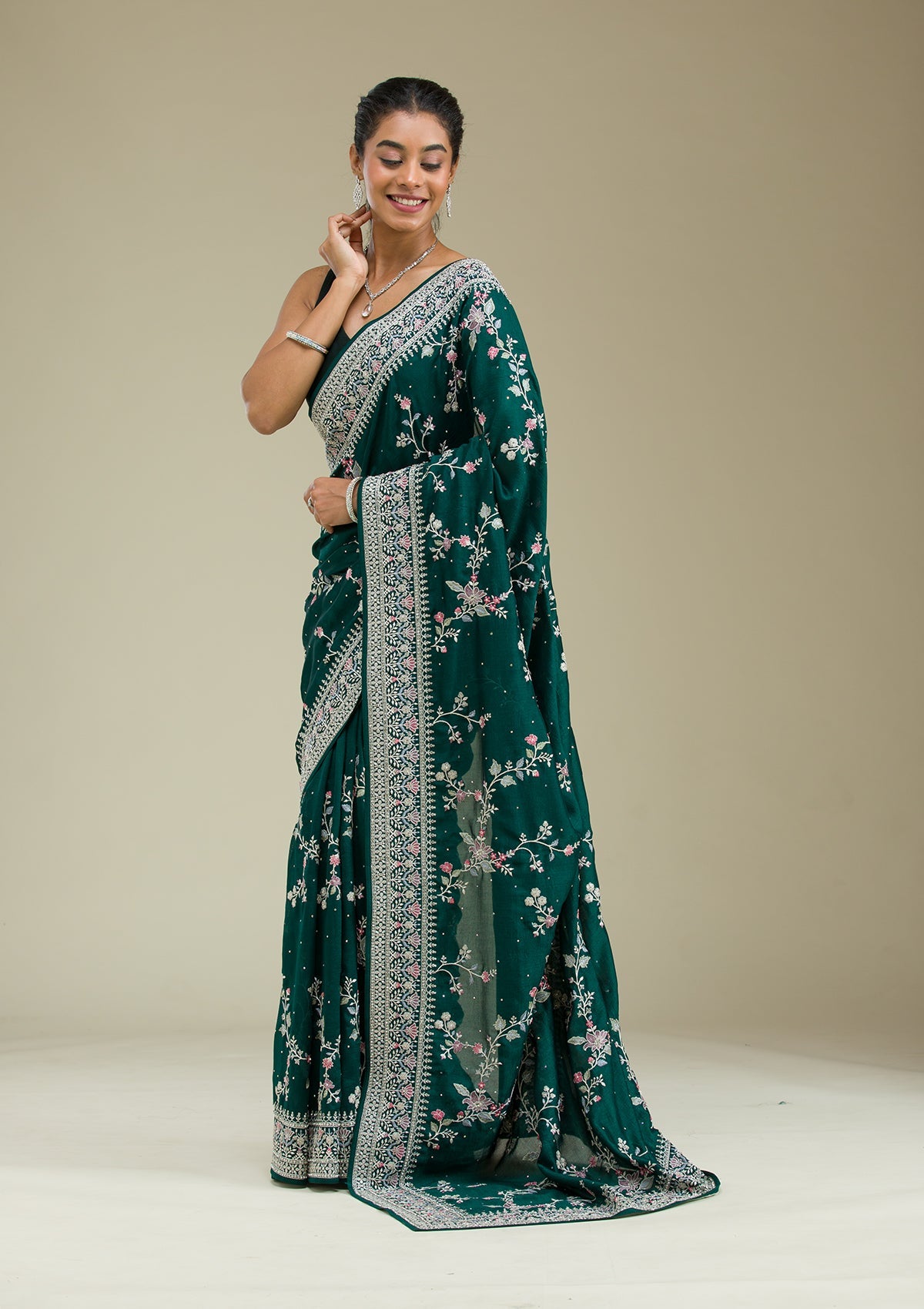 Bottle Green Threadwork Silk Saree-Koskii