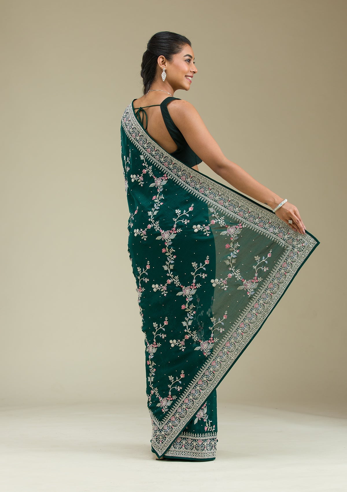 Bottle Green Threadwork Silk Saree-Koskii