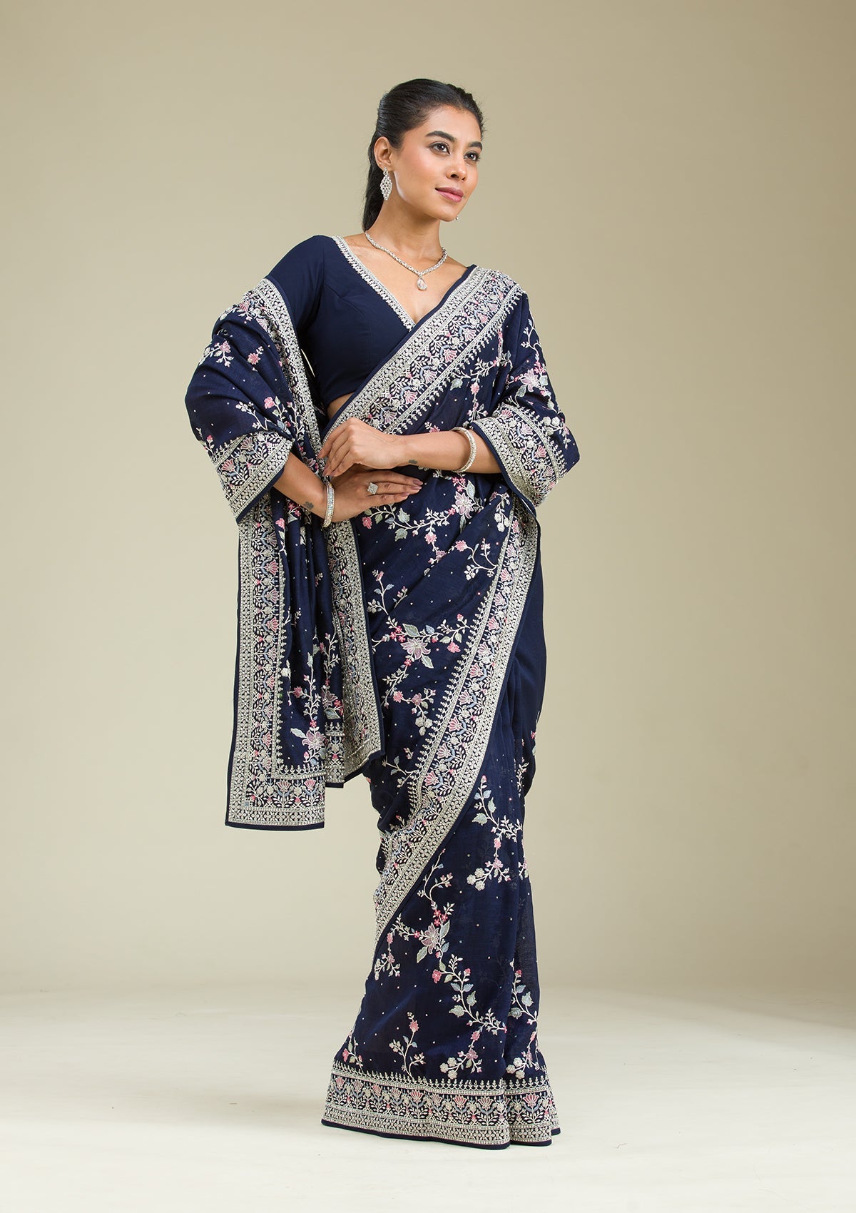 Navy Blue Threadwork Silk Saree-Koskii