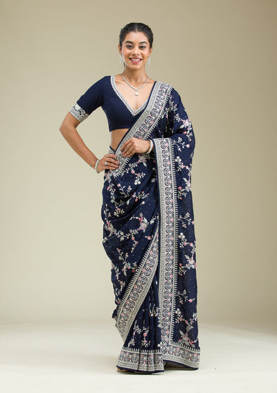 Navy Blue Threadwork Silk Saree-Koskii