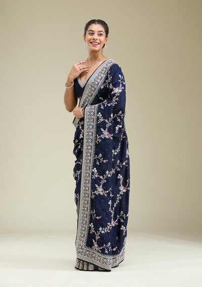 Navy Blue Threadwork Silk Saree-Koskii