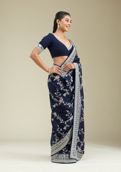 Navy Blue Threadwork Silk Saree-Koskii