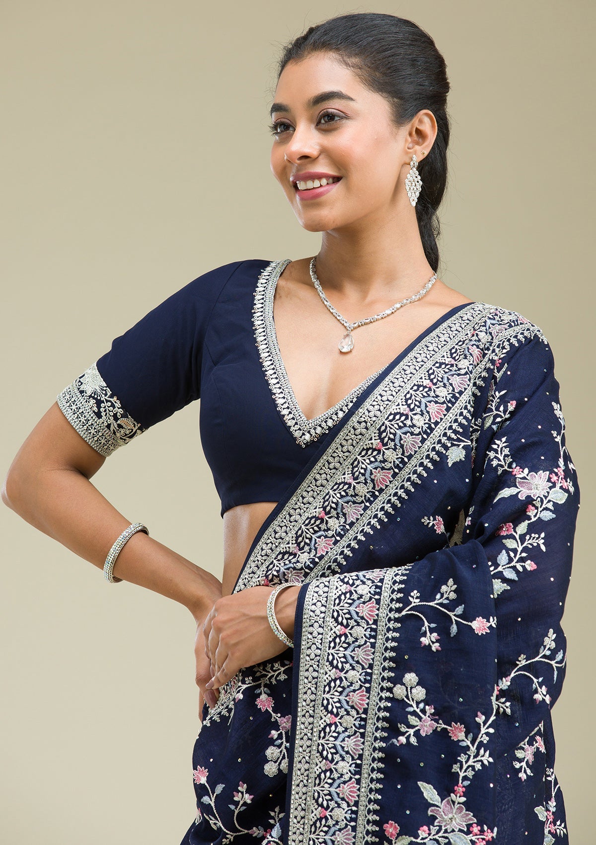 Navy Blue Threadwork Silk Saree-Koskii