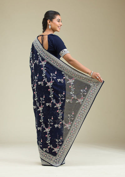 Navy Blue Threadwork Silk Saree-Koskii