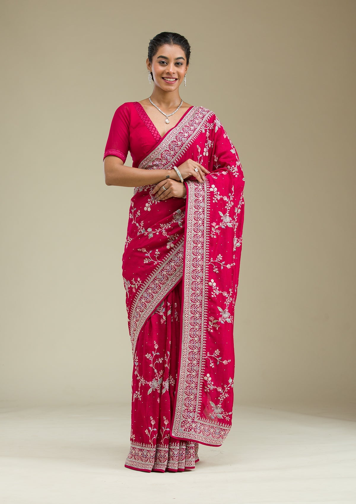 Rani Pink Threadwork Silk Saree-Koskii