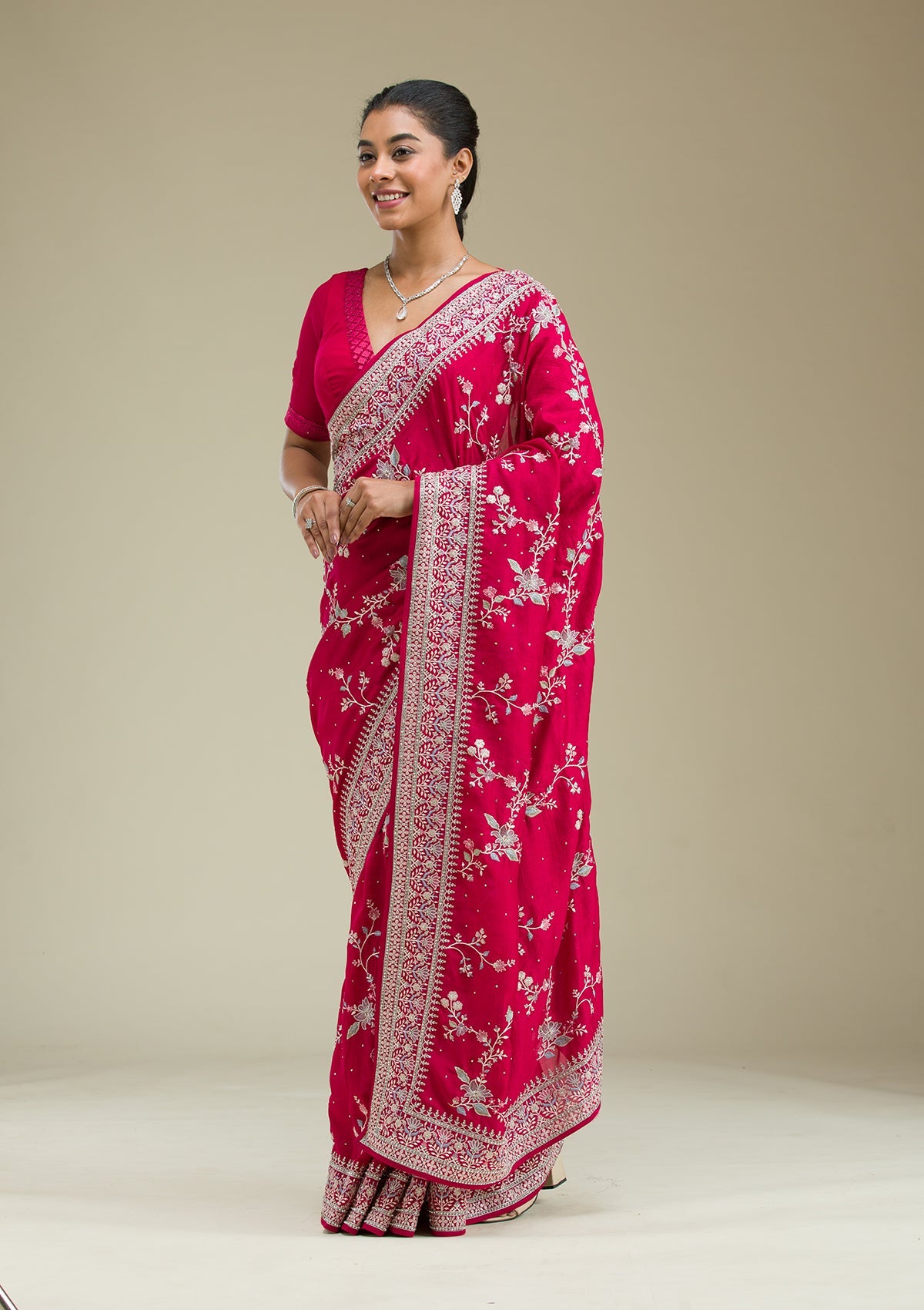 Rani Pink Threadwork Silk Saree-Koskii