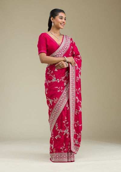 Rani Pink Threadwork Silk Saree-Koskii