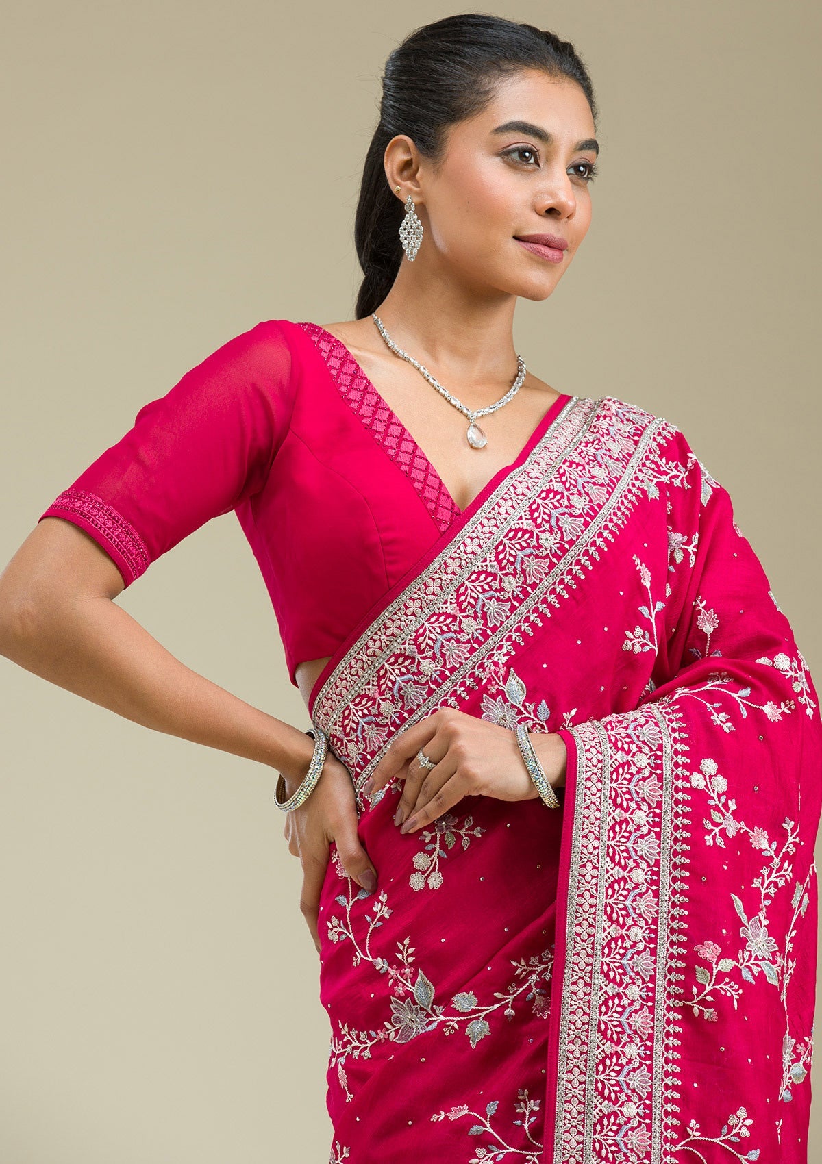 Rani Pink Threadwork Silk Saree-Koskii