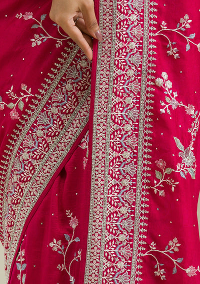 Rani Pink Threadwork Silk Saree-Koskii