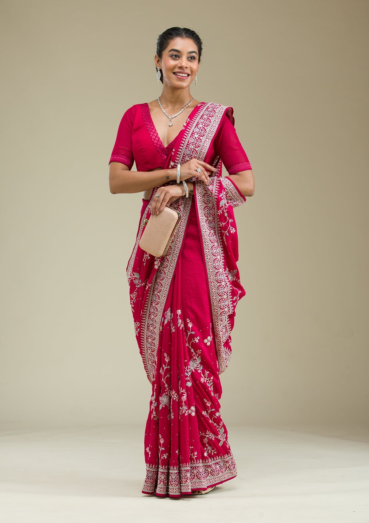 Rani Pink Threadwork Silk Saree-Koskii