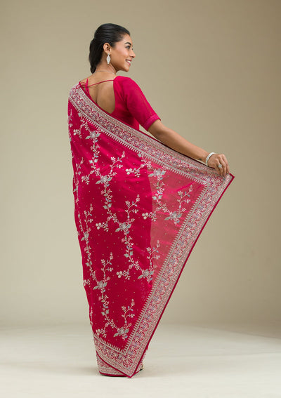 Rani Pink Threadwork Silk Saree-Koskii